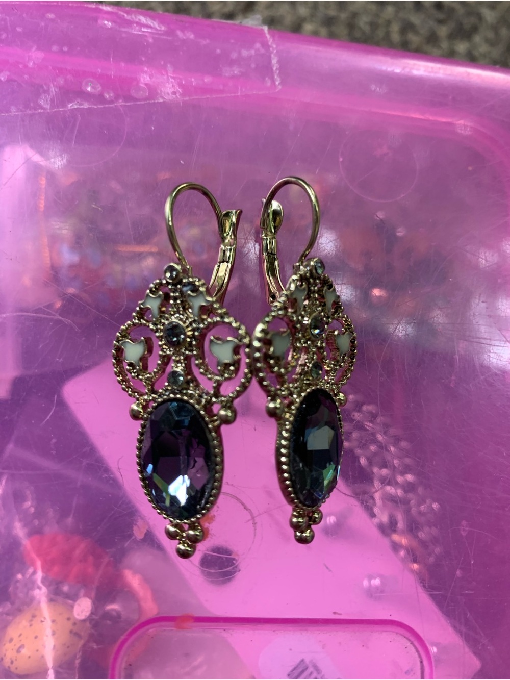Vintage Gold Filigree Drop Earrings with Iridescent Purple Stones